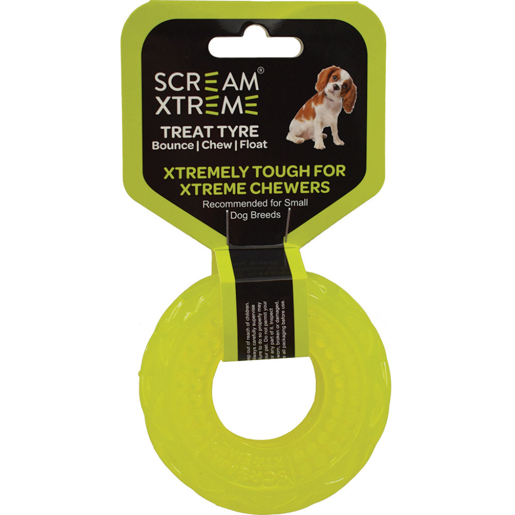 Scream Xtreme Treat Tyre Dog Toy - Loud Green