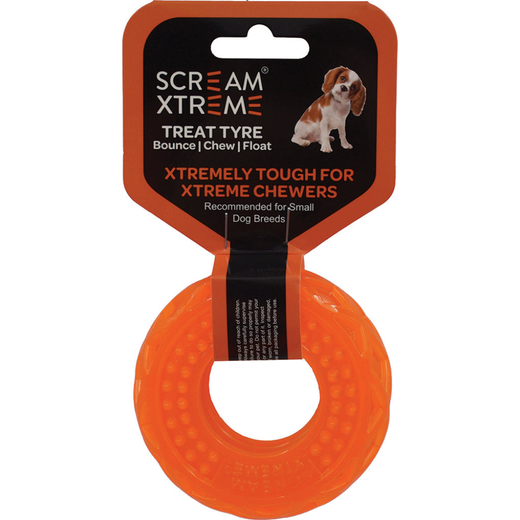 Scream Xtreme Treat Tyre Dog Toy - Loud Orange