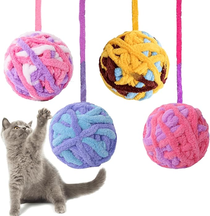 Cat Joy Cat Toys Wool Ball with Bell and String 4pc