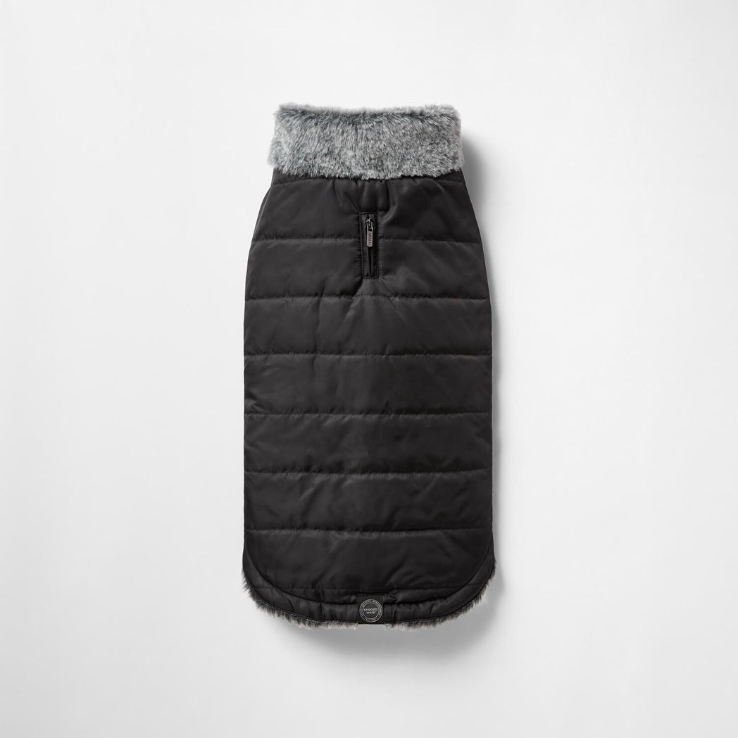 Snooza Wear Puffer Dog Coat with Fur Collar in Black