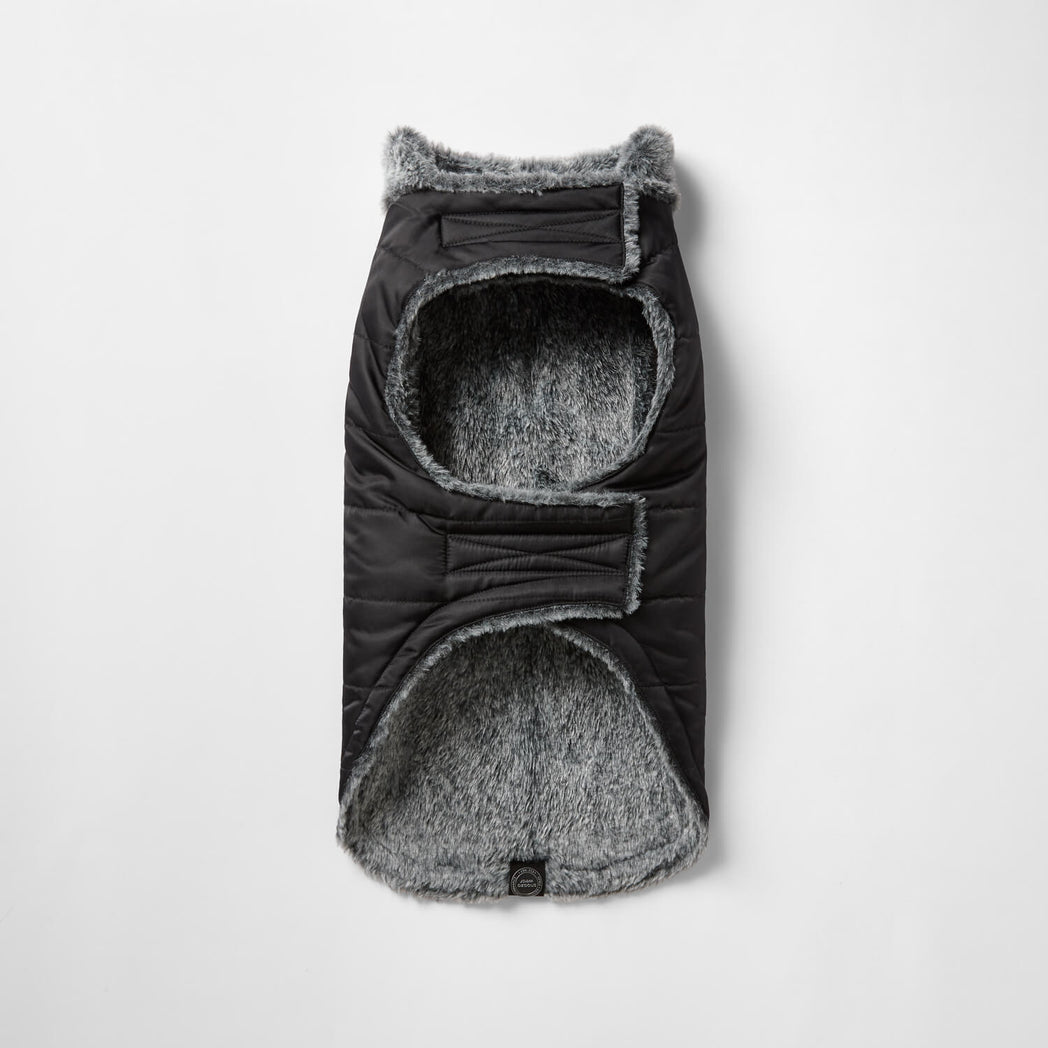 Snooza Wear Puffer Dog Coat with Fur Collar in Black