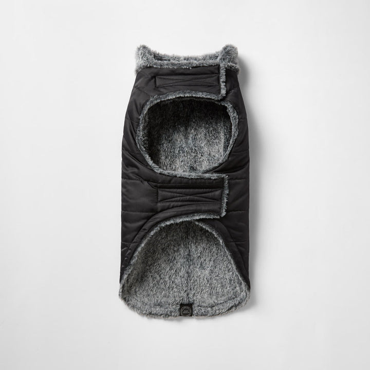 Snooza Wear Puffer Dog Coat with Fur Collar in Black
