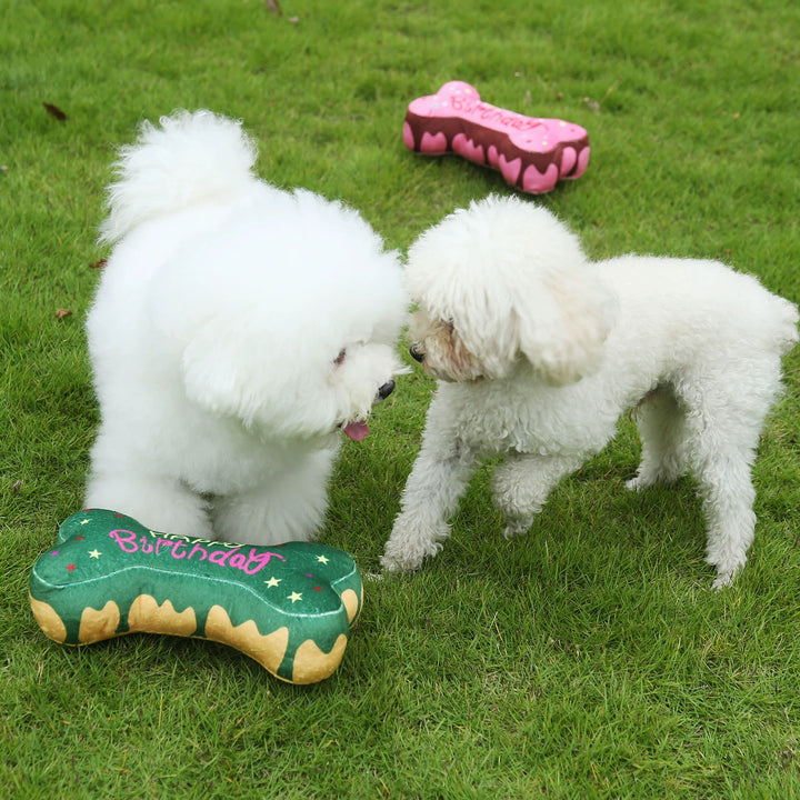 Muddy Paw Friends Happy Birthday Bone-Shaped Squeaky Toy for Dogs and Cats