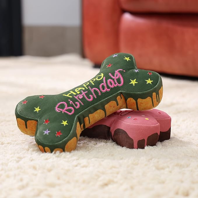Muddy Paw Friends Happy Birthday Bone-Shaped Squeaky Toy for Dogs and Cats