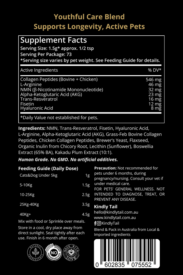 Kindly Tail Youthful Care Blend For Dog and Cat with NMN, Resveratrol, Fisetin