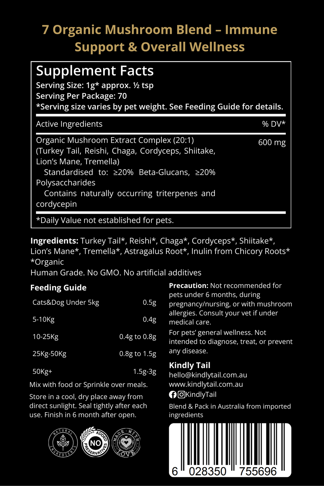 Kindly Tail Vital 7 Mushrooms Blend For Dog and Cat--Immune Support 70g