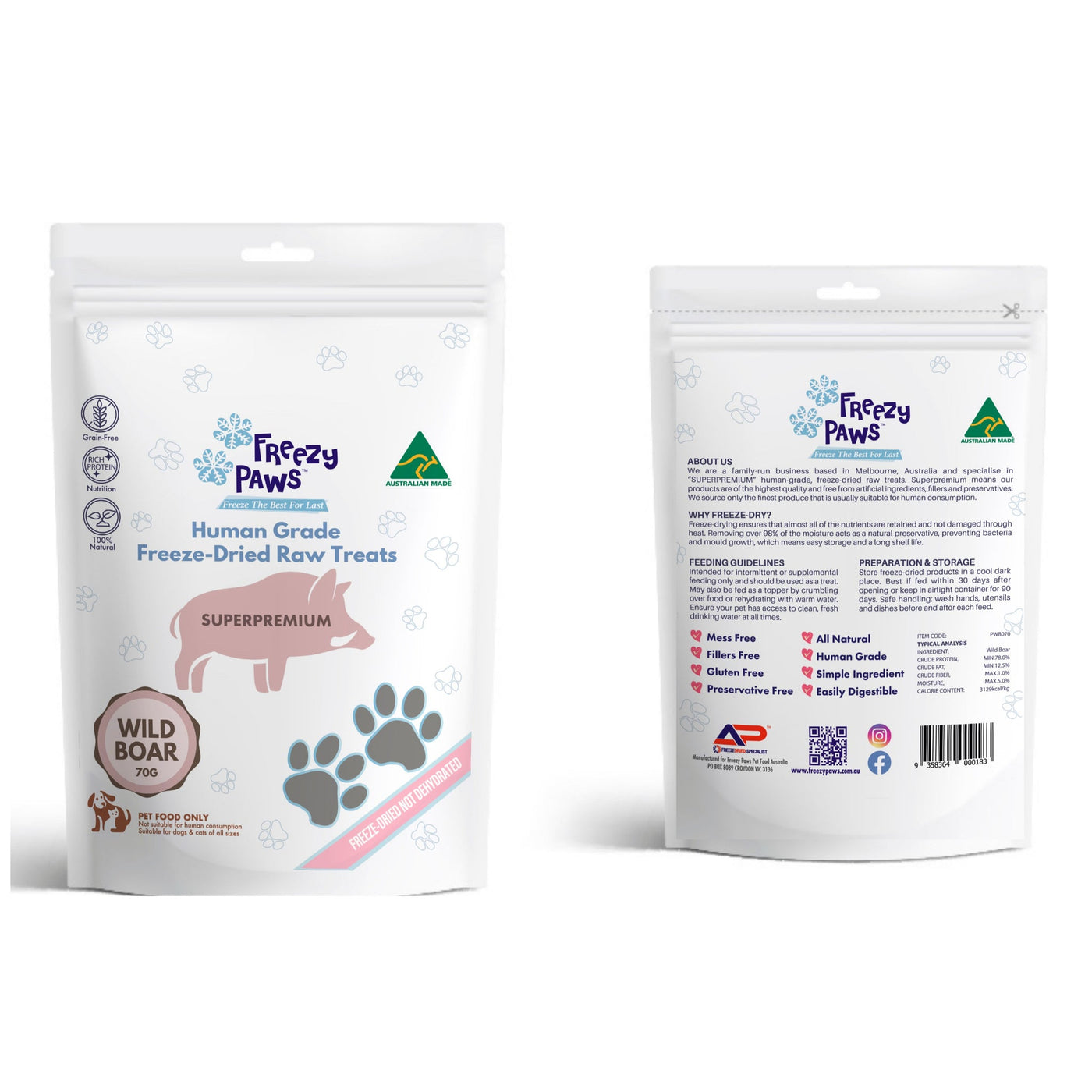 Freezy Paws Freeze Dried Wild Boar Meat Dog And Cat Treats 70g