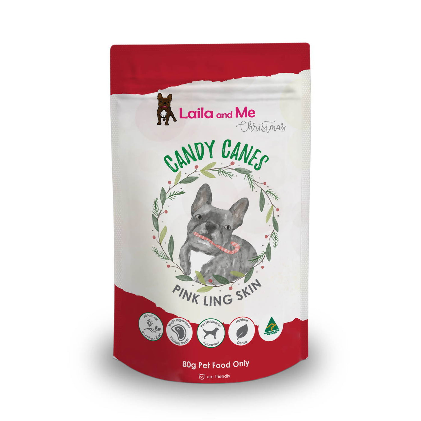Laila & Me Christmas Candy Canes Pink Fish Twist Treats for Cats & Dogs 80g
